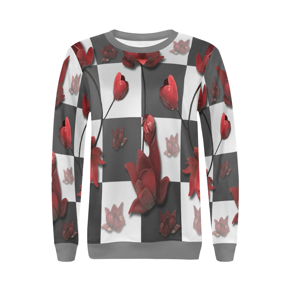 Burnt Crimson Flora All Over Print Crewneck Sweatshirt for Women (Model H18)