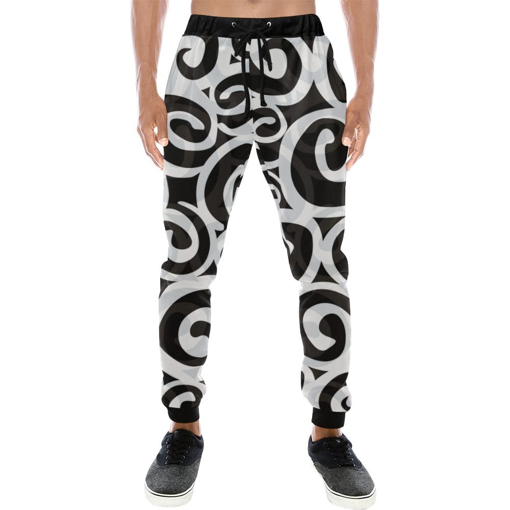 Black White Grey SPIRALS pattern ART Men's All Over Print Sweatpants (Model L11)