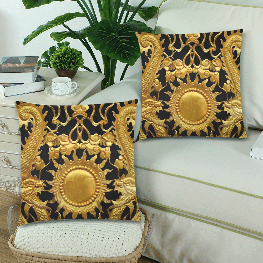 Pillows 18 x 18 Black Gold Sun Dragons by Tell3People Custom Zippered Pillow Cases 18"x 18" (Twin Sides) (Set of 2)