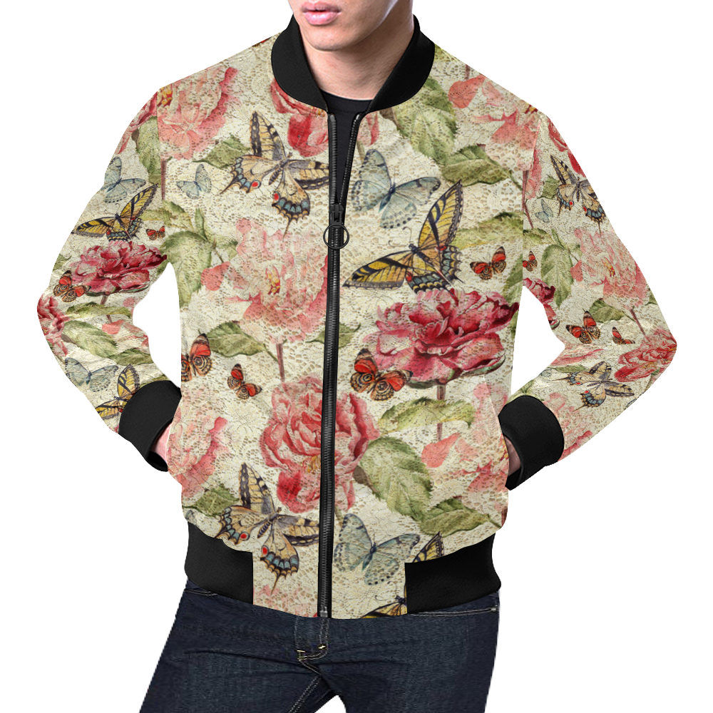 Watercolor Vintage Flowers Butterflies Lace 1 All Over Print Bomber Jacket for Men (Model H19)