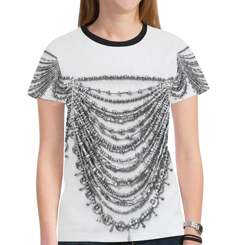 Womens T-Shirt White Beaded Necklace by Tell3People New All Over Print T-shirt for Women (Model T45)