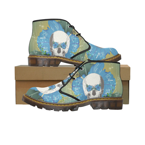 Funny skull with blue flowers Women's Canvas Chukka Boots/Large Size (Model 2402-1)