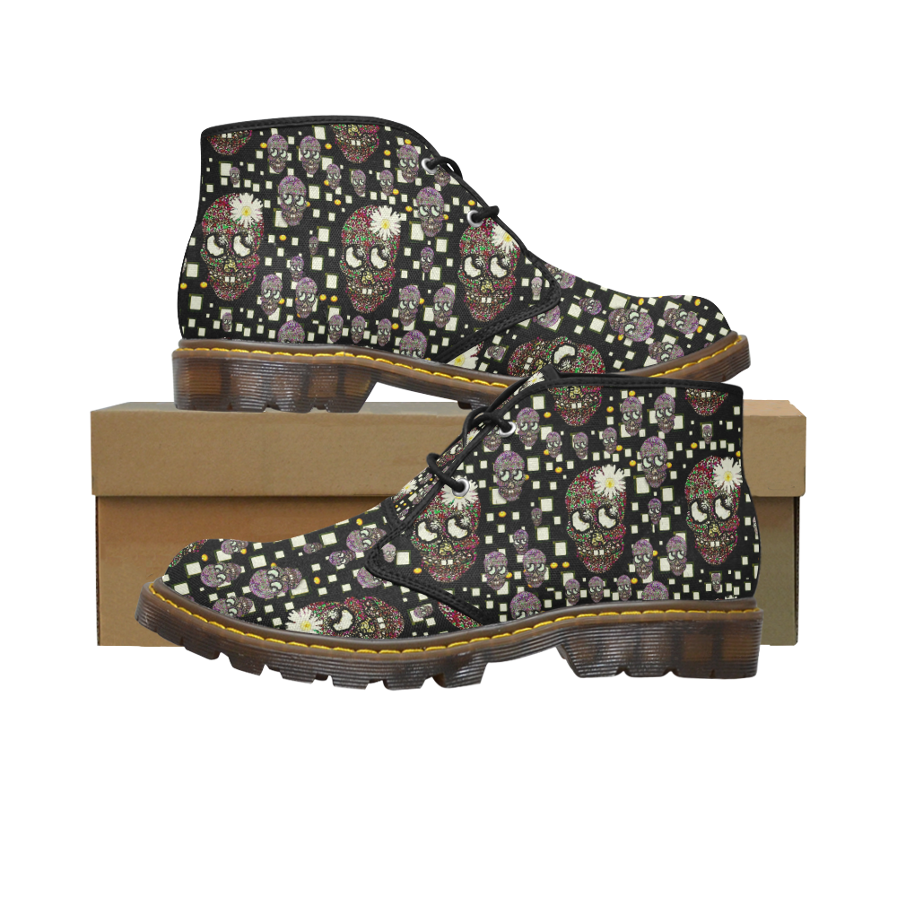 Floral skulls with sugar on Men's Canvas Chukka Boots (Model 2402-1)