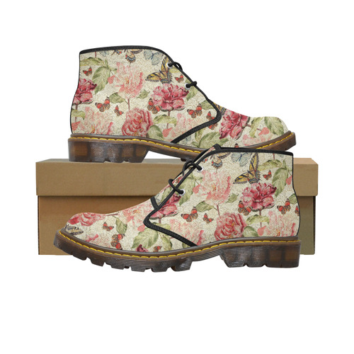 Watercolor Vintage Flowers Butterflies Lace 1 Women's Canvas Chukka Boots/Large Size (Model 2402-1)