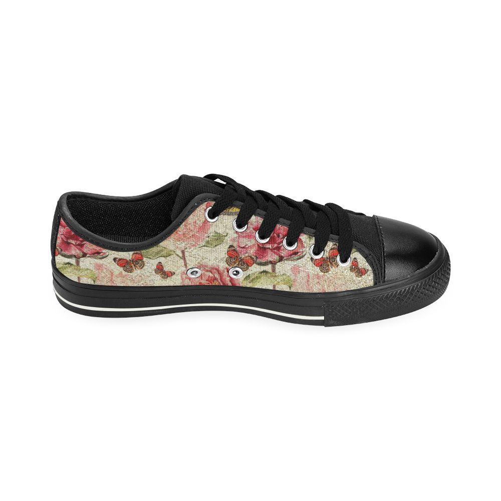 Watercolor Vintage Flowers Butterflies Lace 1 Canvas Women's Shoes/Large Size (Model 018)