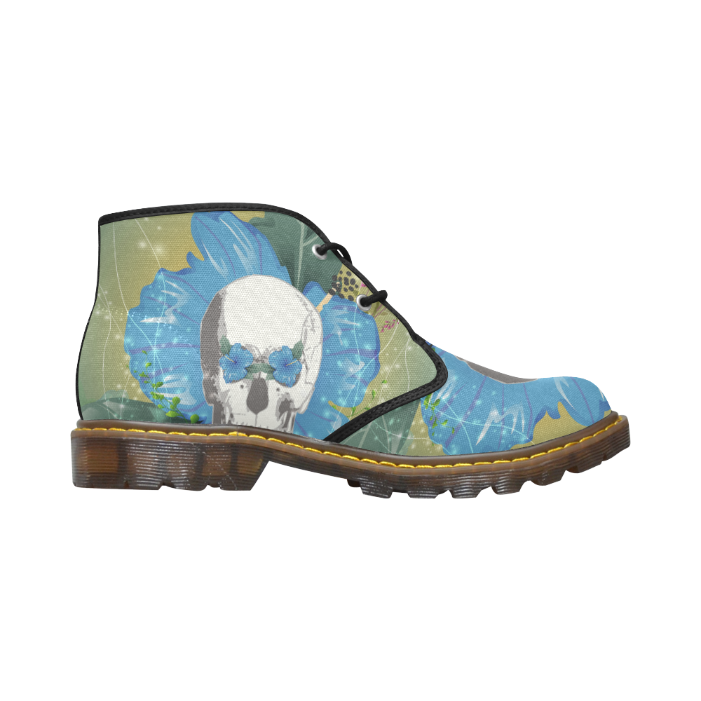 Funny skull with blue flowers Women's Canvas Chukka Boots/Large Size (Model 2402-1)