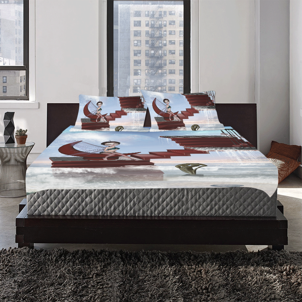 Cute fairy sitting on the moon 3-Piece Bedding Set