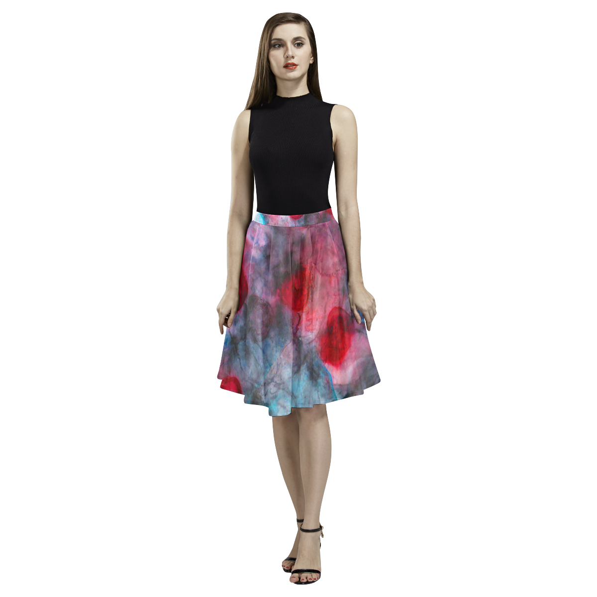 red blue ink Melete Pleated Midi Skirt (Model D15)