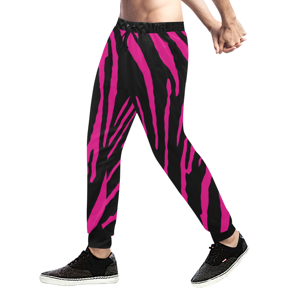 Pink Tiger Stripes Men's All Over Print Sweatpants (Model L11)