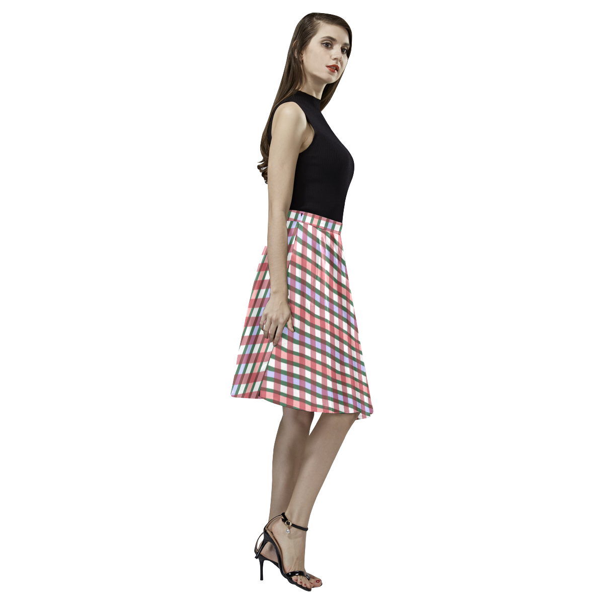 Storybook Plaid by Aleta Melete Pleated Midi Skirt (Model D15)