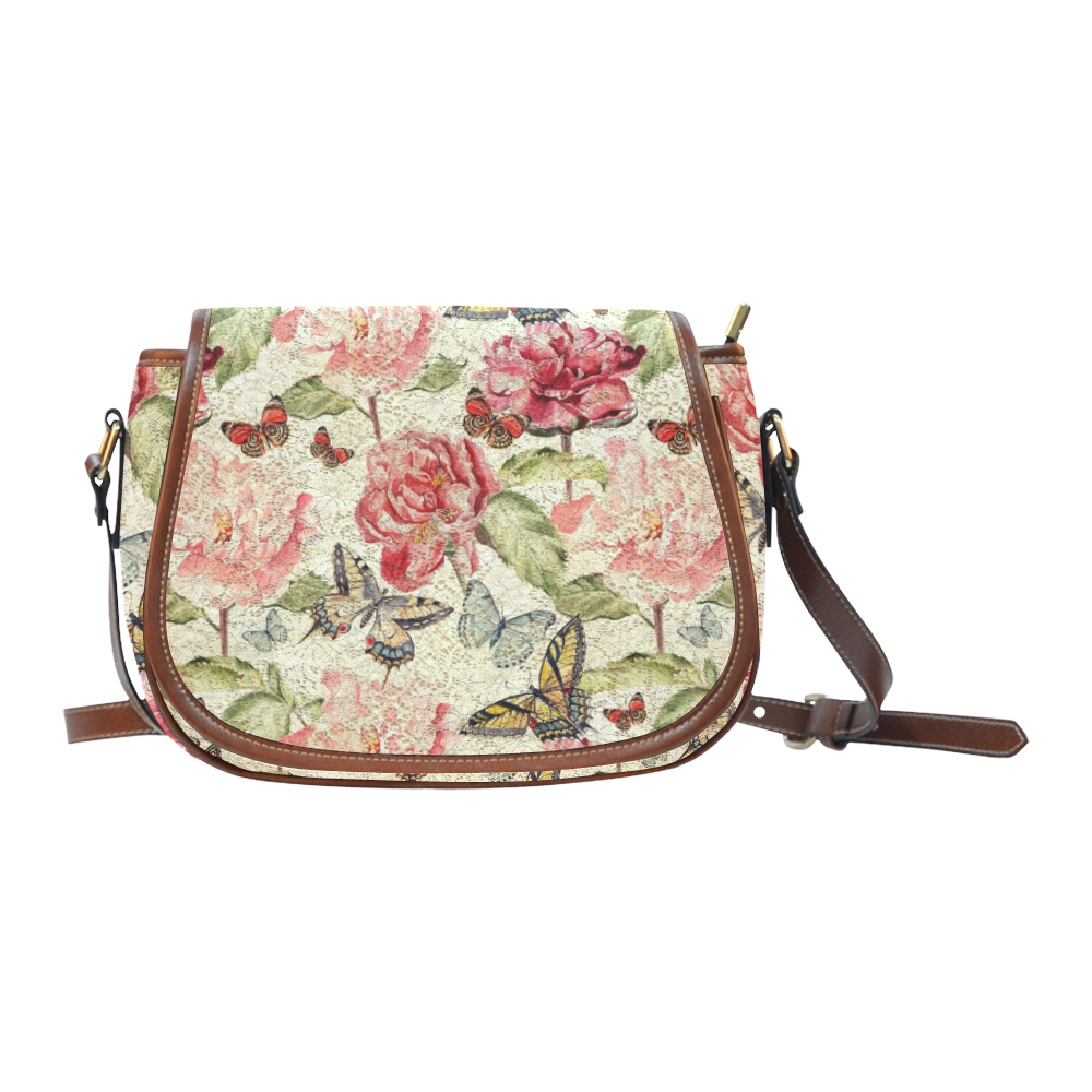 Watercolor Vintage Flowers Butterflies Lace 1 Saddle Bag/Large (Model 1649)
