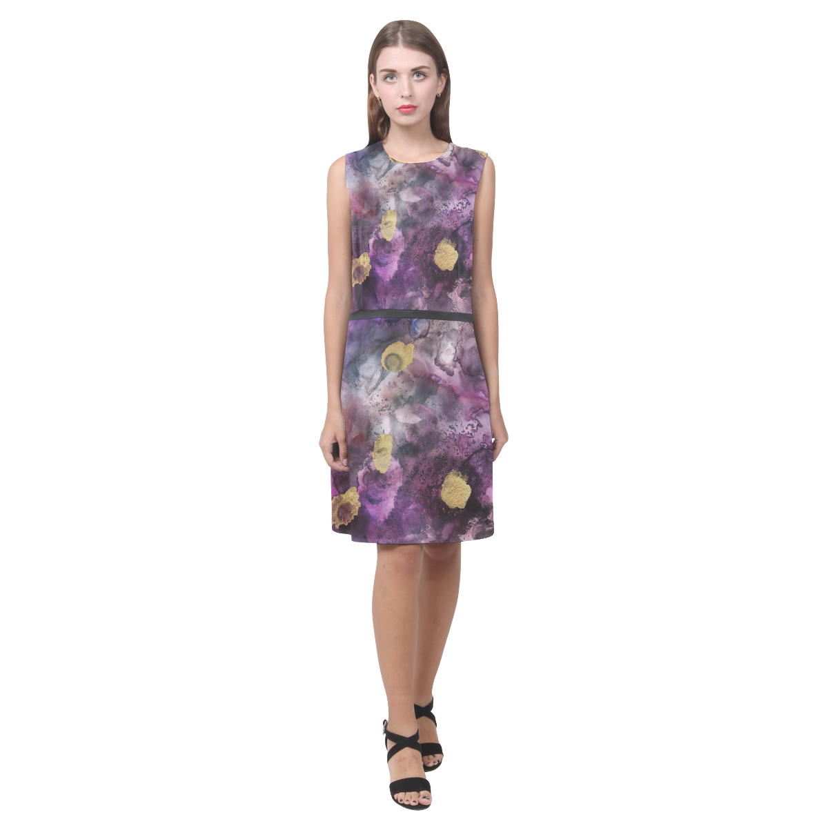 purple-gold-ink Eos Women's Sleeveless Dress (Model D01)