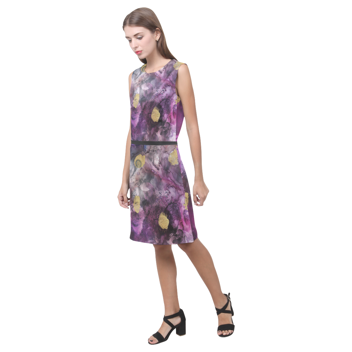 purple-gold-ink Eos Women's Sleeveless Dress (Model D01)