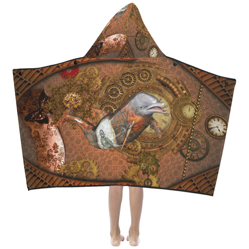 Funny steampunk dolphin, clocks and gears Kids' Hooded Bath Towels