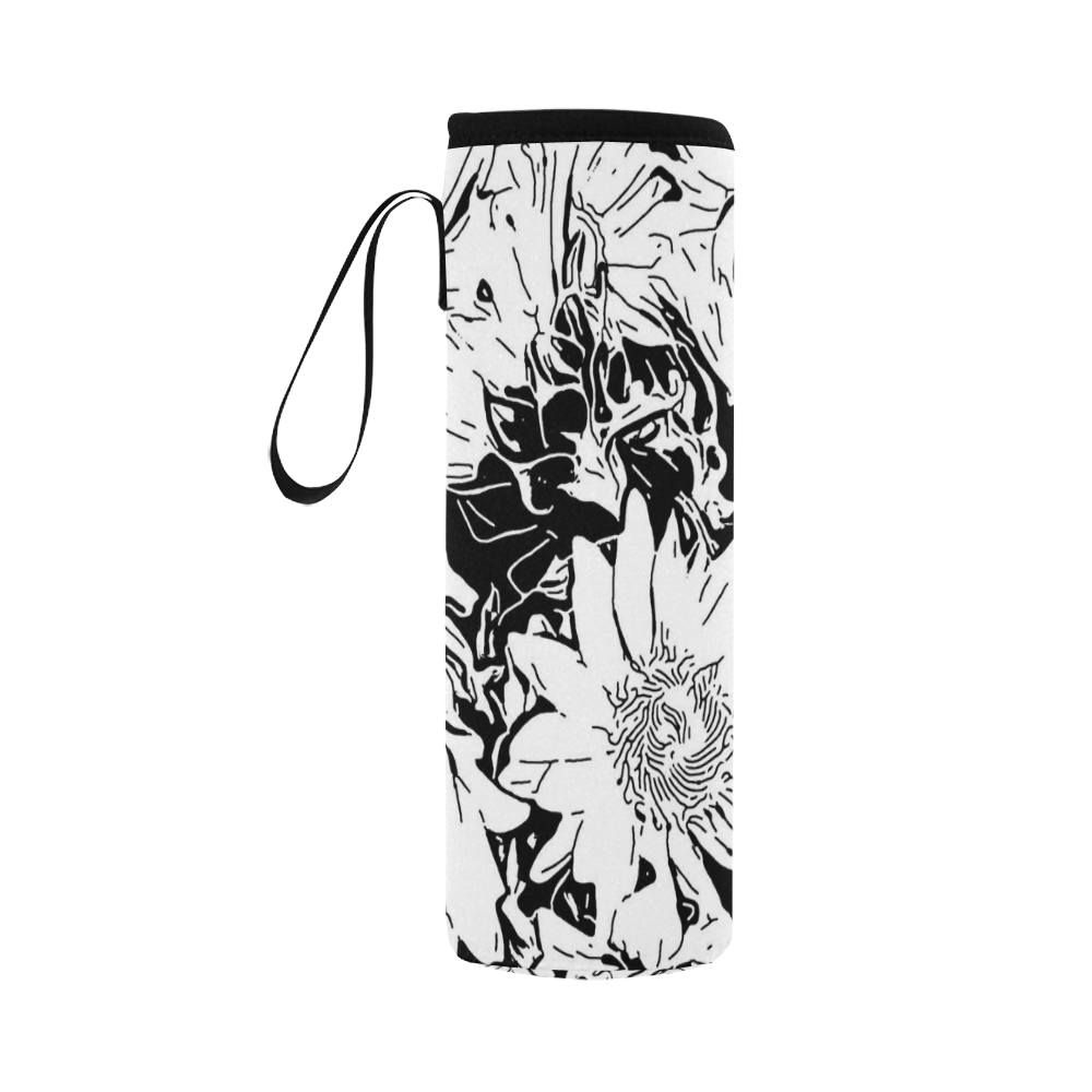 Inky Black and White Floral 1 by JamColors Neoprene Water Bottle Pouch/Large