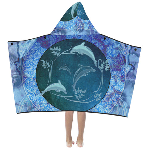 Dolphin with floral elelements Kids' Hooded Bath Towels