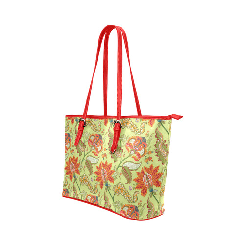 Indian Vintage Floral Pattern Green Orange Leather Tote Bag/Large (Model 1651)