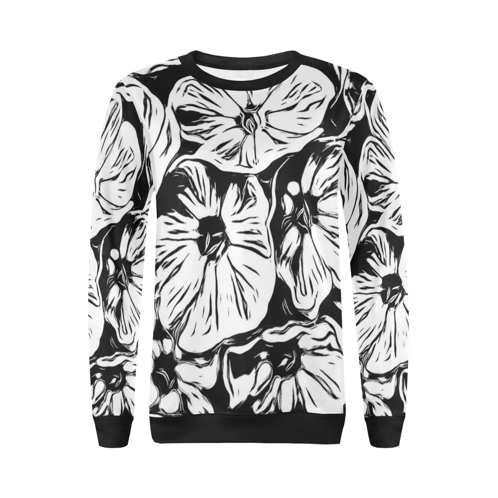 Inky Black and White Floral 3 by JamColors All Over Print Crewneck Sweatshirt for Women (Model H18)
