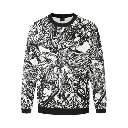 Inky Black and White Floral 2 by JamColors Men's Oversized Fleece Crew Sweatshirt/Large Size(Model H18)