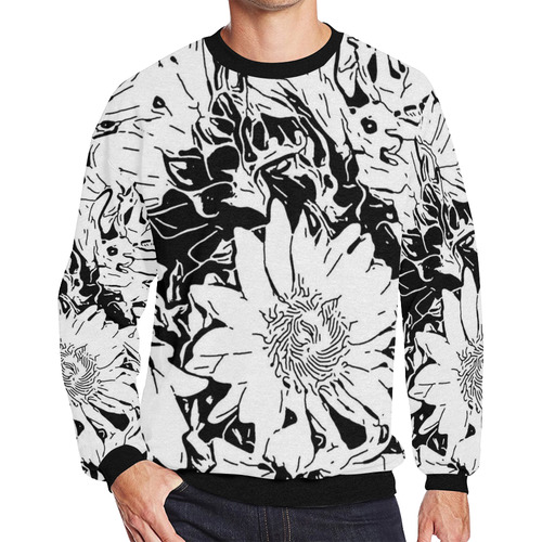Inky Black and White Floral 1 by JamColors Men's Oversized Fleece Crew Sweatshirt/Large Size(Model H18)