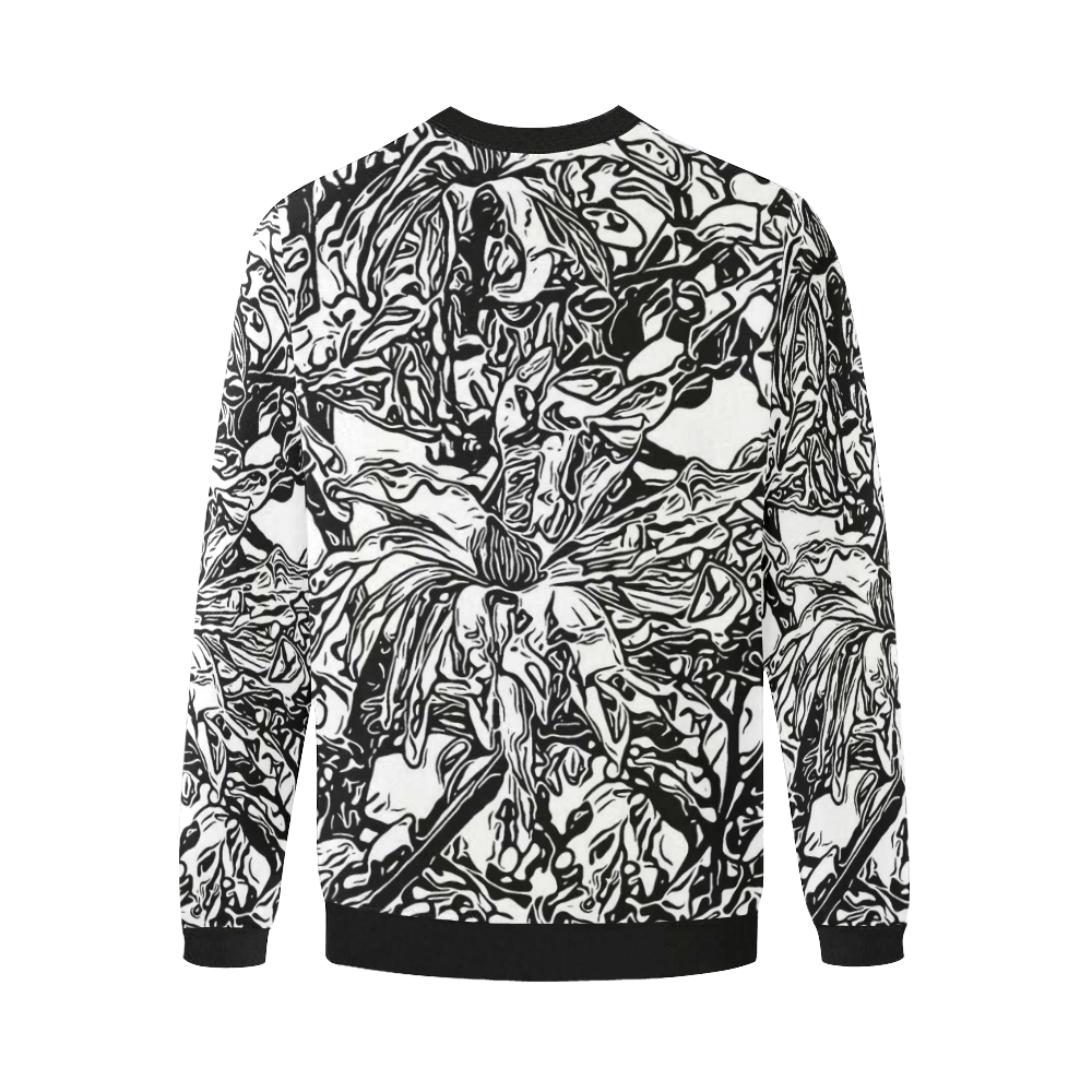 Inky Black and White Floral 2 by JamColors Men's Oversized Fleece Crew Sweatshirt/Large Size(Model H18)