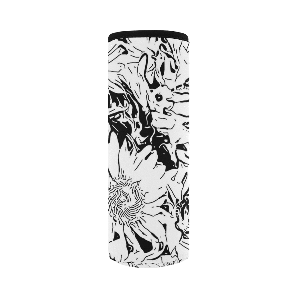 Inky Black and White Floral 1 by JamColors Neoprene Water Bottle Pouch/Large