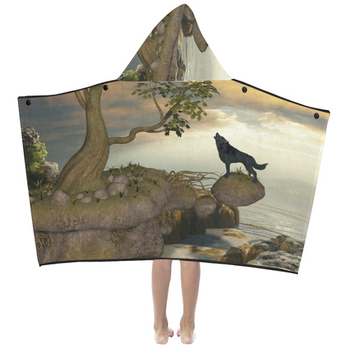 The lonely wolf on a flying rock Kids' Hooded Bath Towels