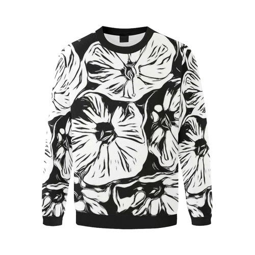 Inky Black and White Floral 3 by JamColors Men's Oversized Fleece Crew Sweatshirt/Large Size(Model H18)