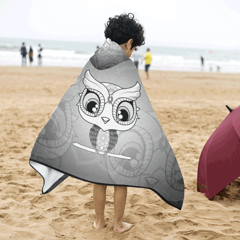 Cute owl, mandala design black and white Kids' Hooded Bath Towels