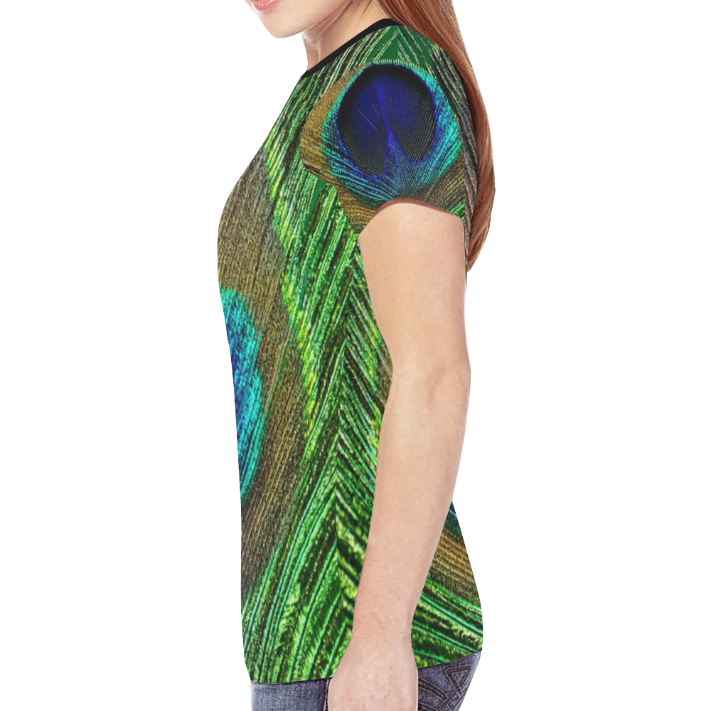 T-Shirt Peacock Feather Blue Green by Tell 3 People New All Over Print T-shirt for Women (Model T45)