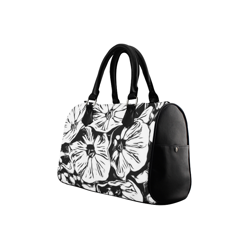 Inky Black and White Floral 3 by JamColors Boston Handbag (Model 1621)