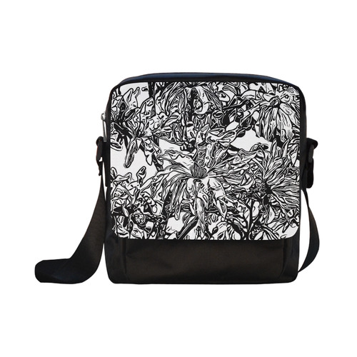 Inky Black and White Floral 2 by JamColors Crossbody Nylon Bags (Model 1633)