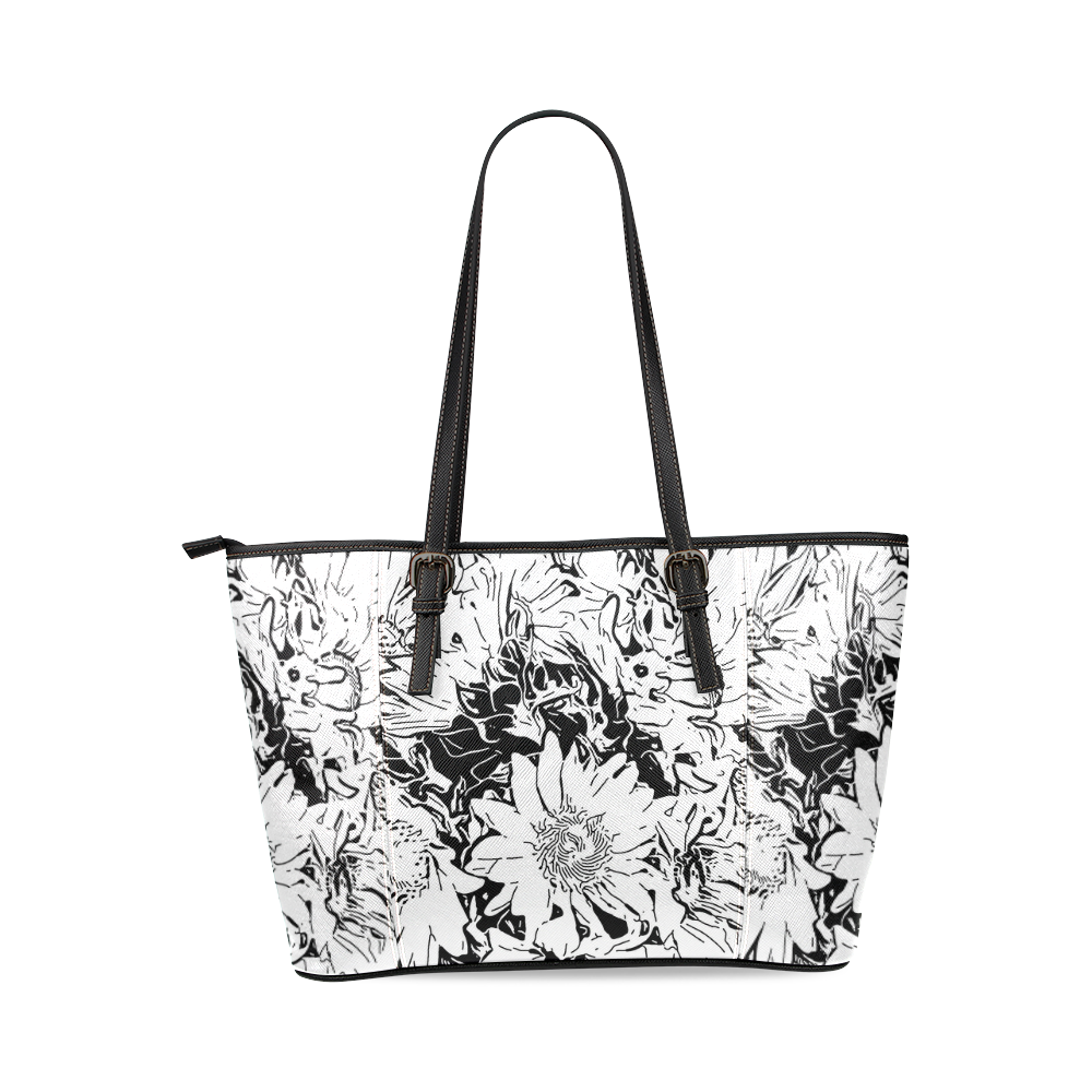 Inky Black and White Floral 1 by JamColors Leather Tote Bag/Large (Model 1640)
