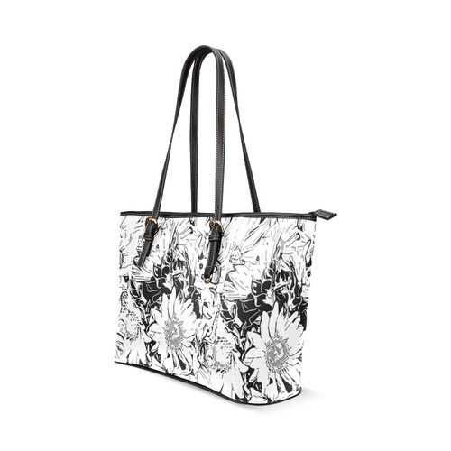 Inky Black and White Floral 1 by JamColors Leather Tote Bag/Large (Model 1640)