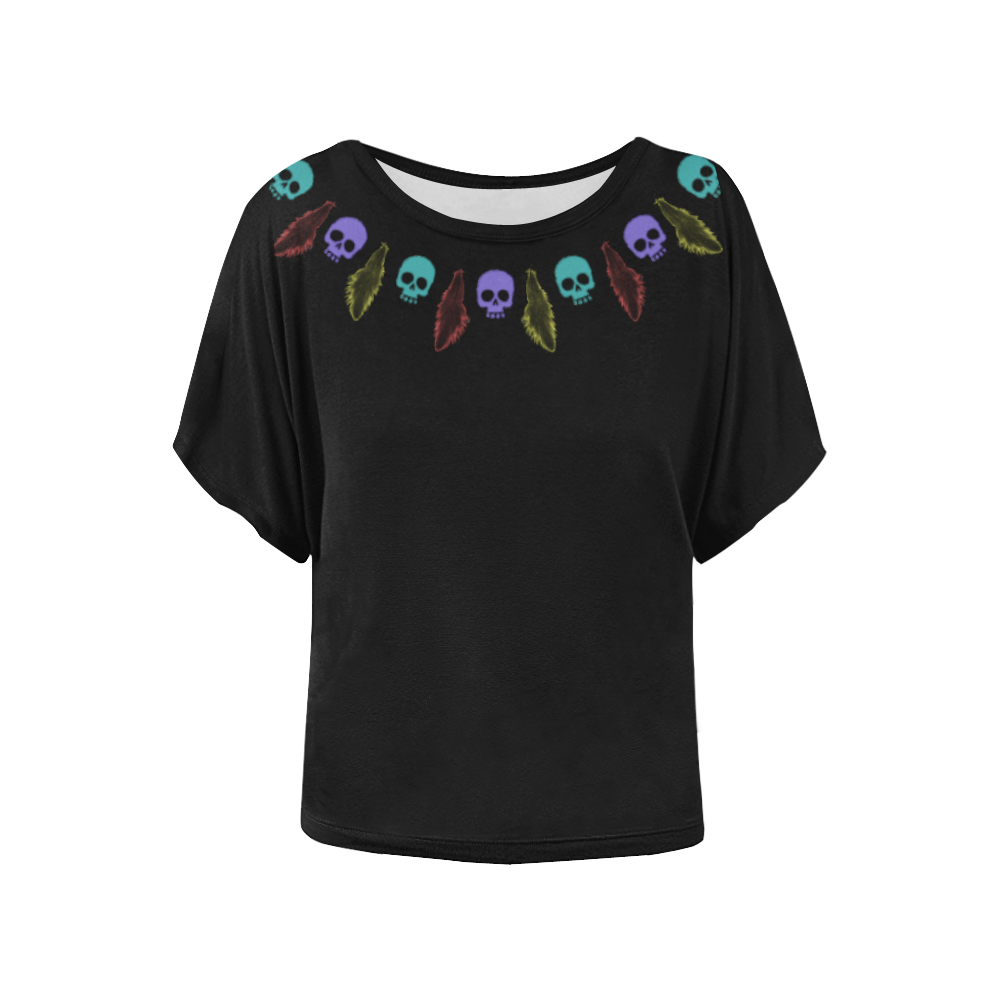 Skulls and Feathers Women's Batwing-Sleeved Blouse T shirt (Model T44)
