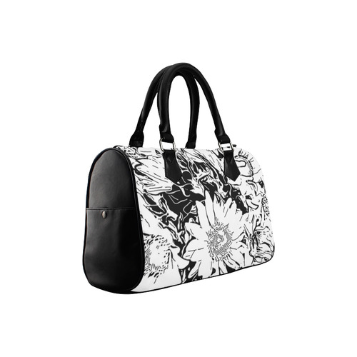 Inky Black and White Floral 1 by JamColors Boston Handbag (Model 1621)