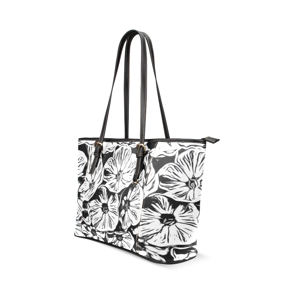 Inky Black and White Floral 3 by JamColors Leather Tote Bag/Small (Model 1640)
