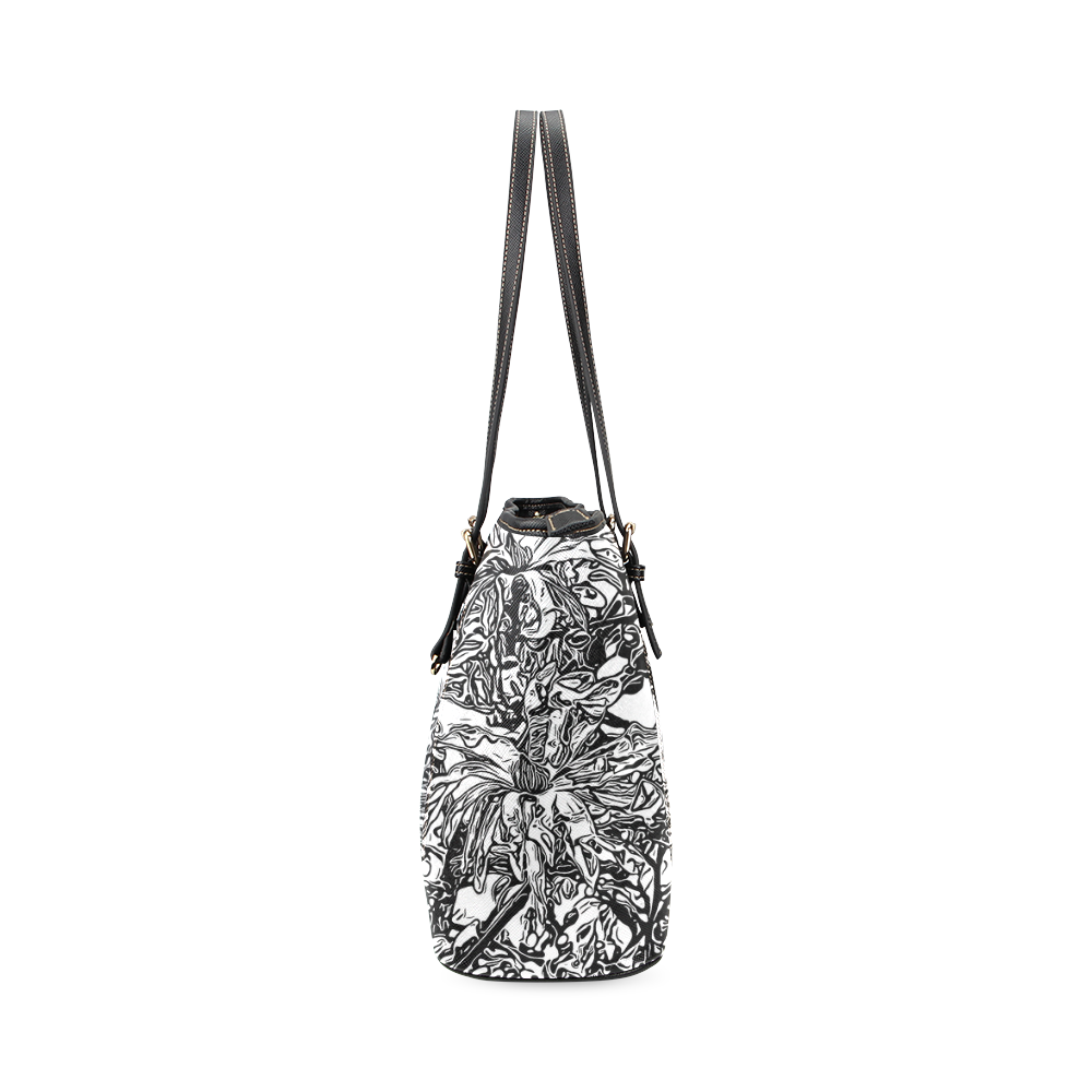 Inky Black and White Floral 2 by JamColors Leather Tote Bag/Small (Model 1640)