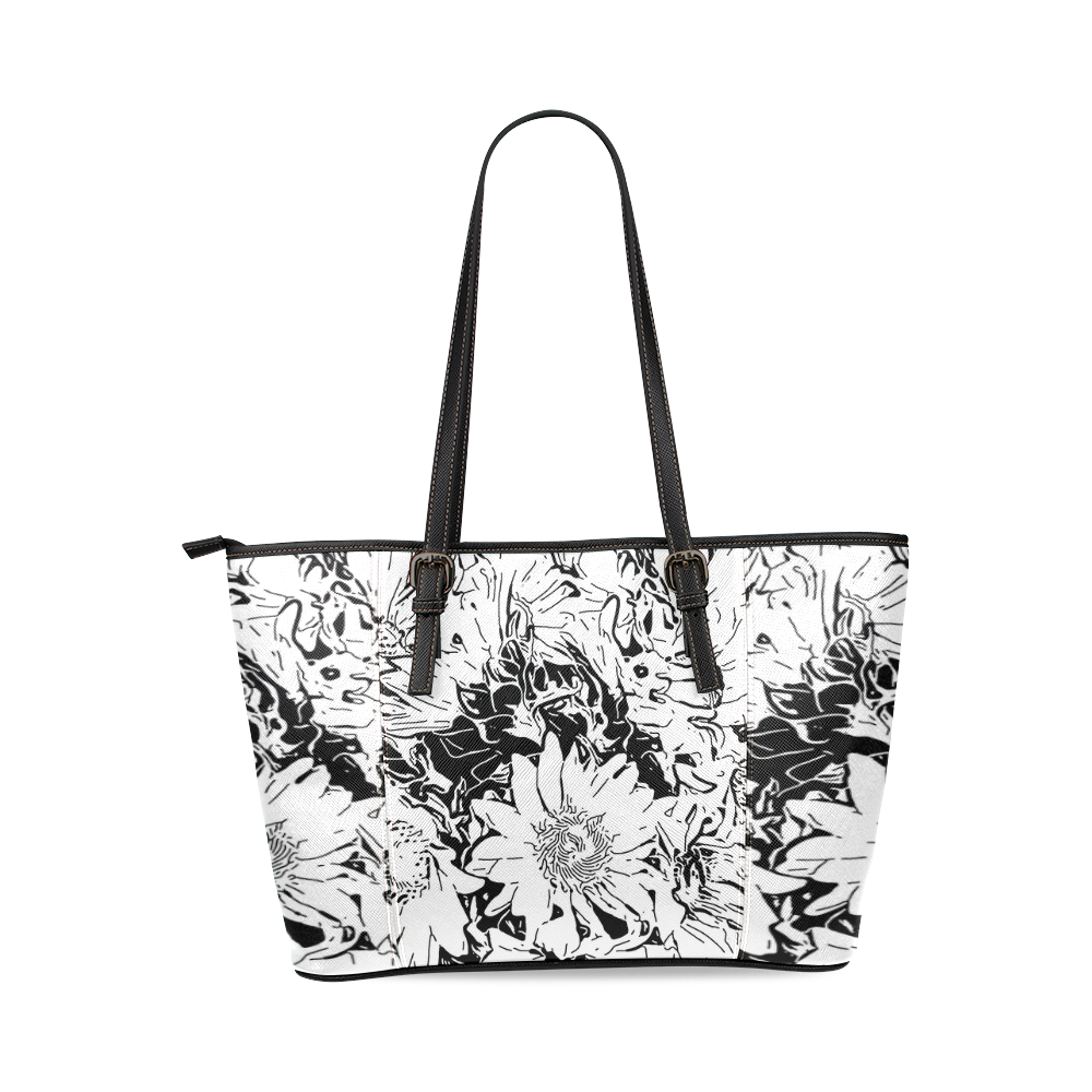 Inky Black and White Floral 1 by JamColors Leather Tote Bag/Small (Model 1640)