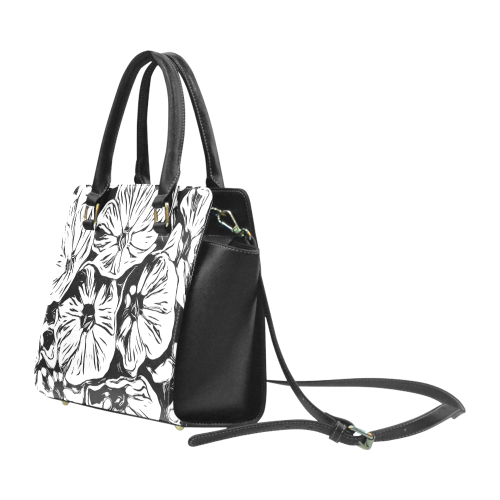 Inky Black and White Floral 3 by JamColors Rivet Shoulder Handbag (Model 1645)