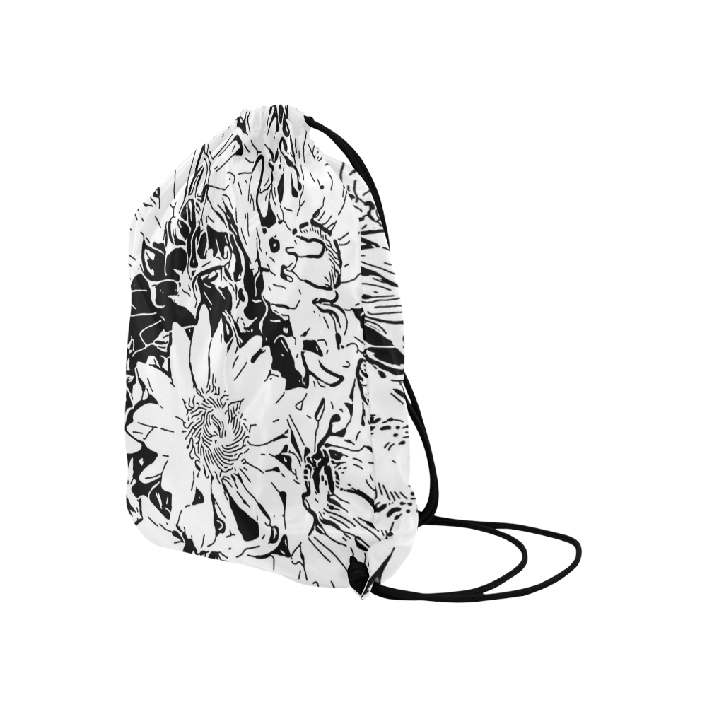 Inky Black and White Floral 1 by JamColors Large Drawstring Bag Model 1604 (Twin Sides)  16.5"(W) * 19.3"(H)
