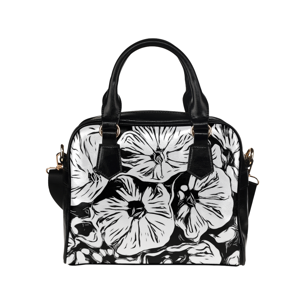 Inky Black and White Floral 3 by JamColors Shoulder Handbag (Model 1634)