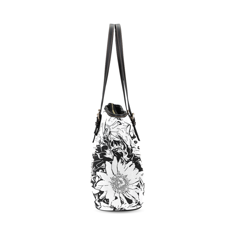 Inky Black and White Floral 1 by JamColors Leather Tote Bag/Small (Model 1640)