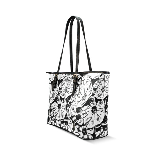 Inky Black and White Floral 3 by JamColors Leather Tote Bag/Large (Model 1640)