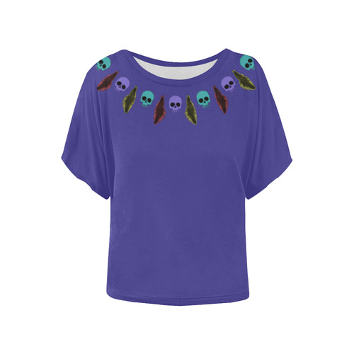 Skulls and Feathers Purple Women's Batwing-Sleeved Blouse T shirt (Model T44)