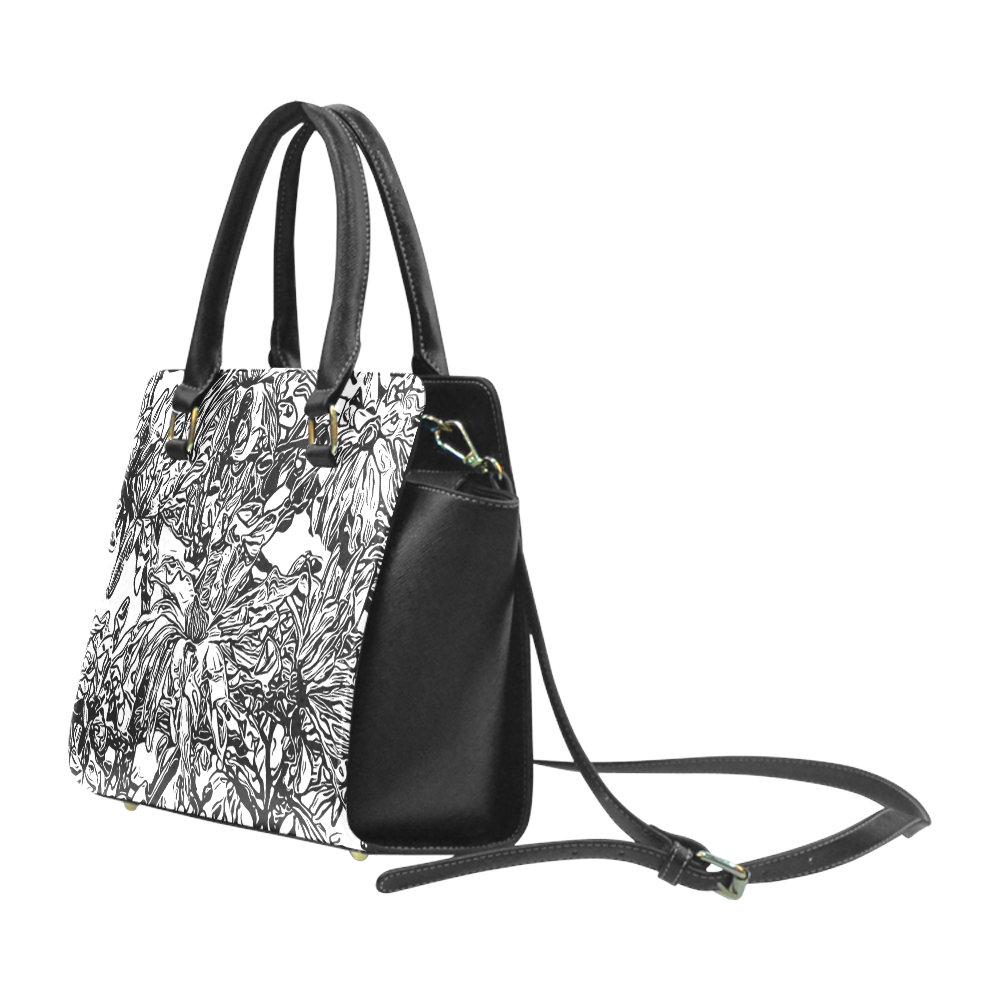 Inky Black and White Floral 2 by JamColors Rivet Shoulder Handbag (Model 1645)