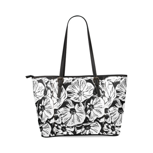 Inky Black and White Floral 3 by JamColors Leather Tote Bag/Large (Model 1640)