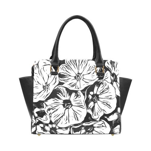 Inky Black and White Floral 3 by JamColors Rivet Shoulder Handbag (Model 1645)