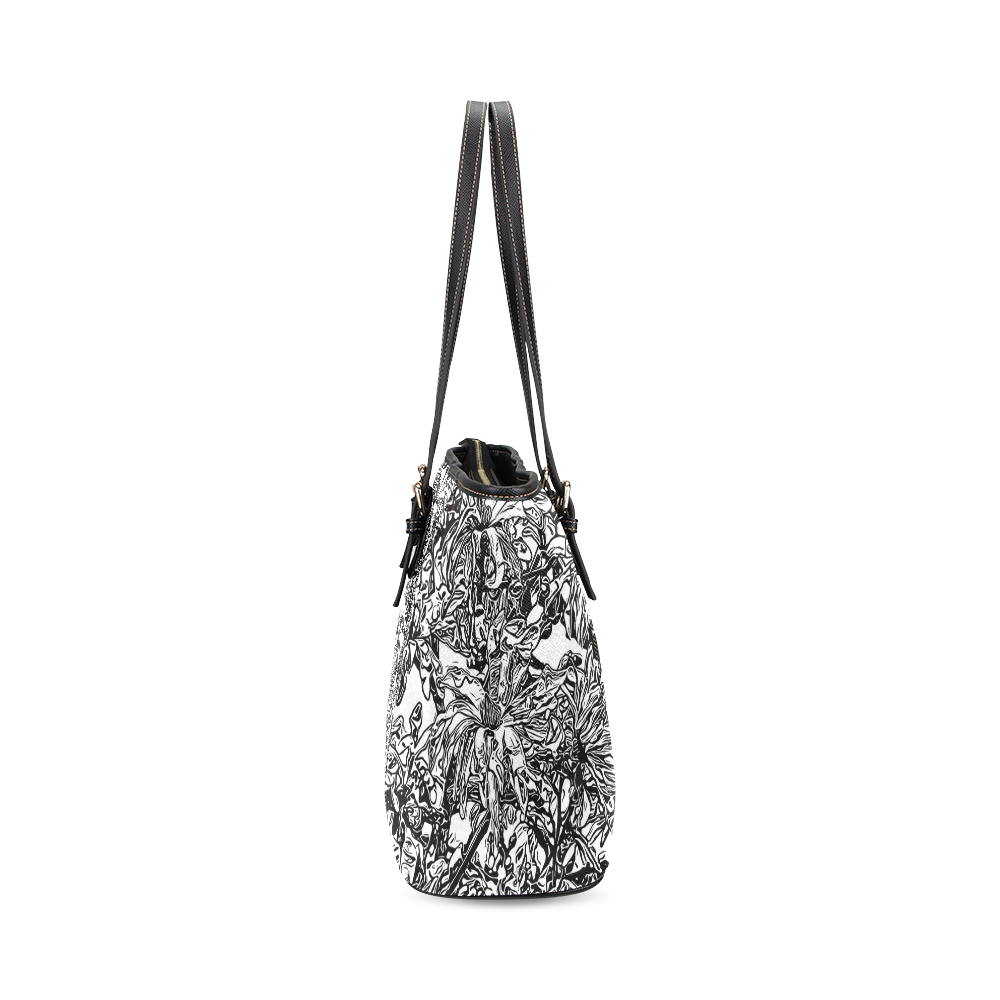 Inky Black and White Floral 2 by JamColors Leather Tote Bag/Large (Model 1640)
