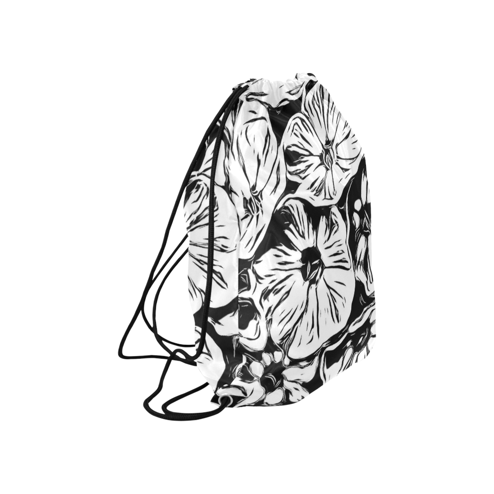 Inky Black and White Floral 3 by JamColors Large Drawstring Bag Model 1604 (Twin Sides)  16.5"(W) * 19.3"(H)